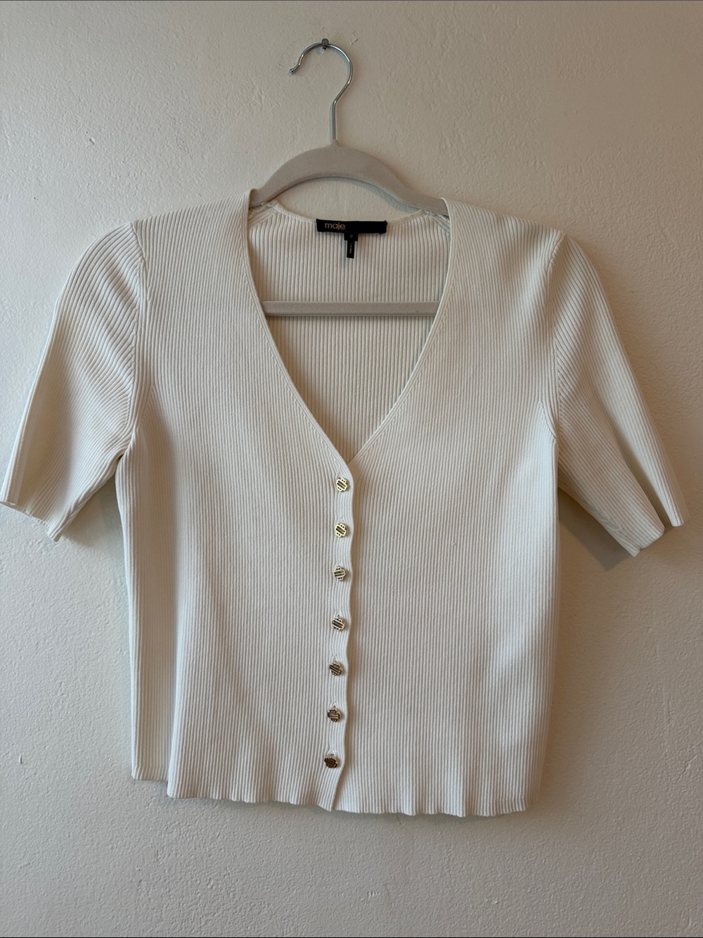 Maje Ribbed V-Neck Button-Front Top with Gold Buttons
